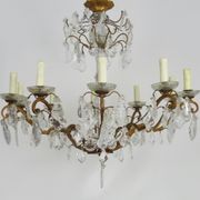 Old chandelier, suspension, old luminaire with 10 branches, brass and glass. 50s