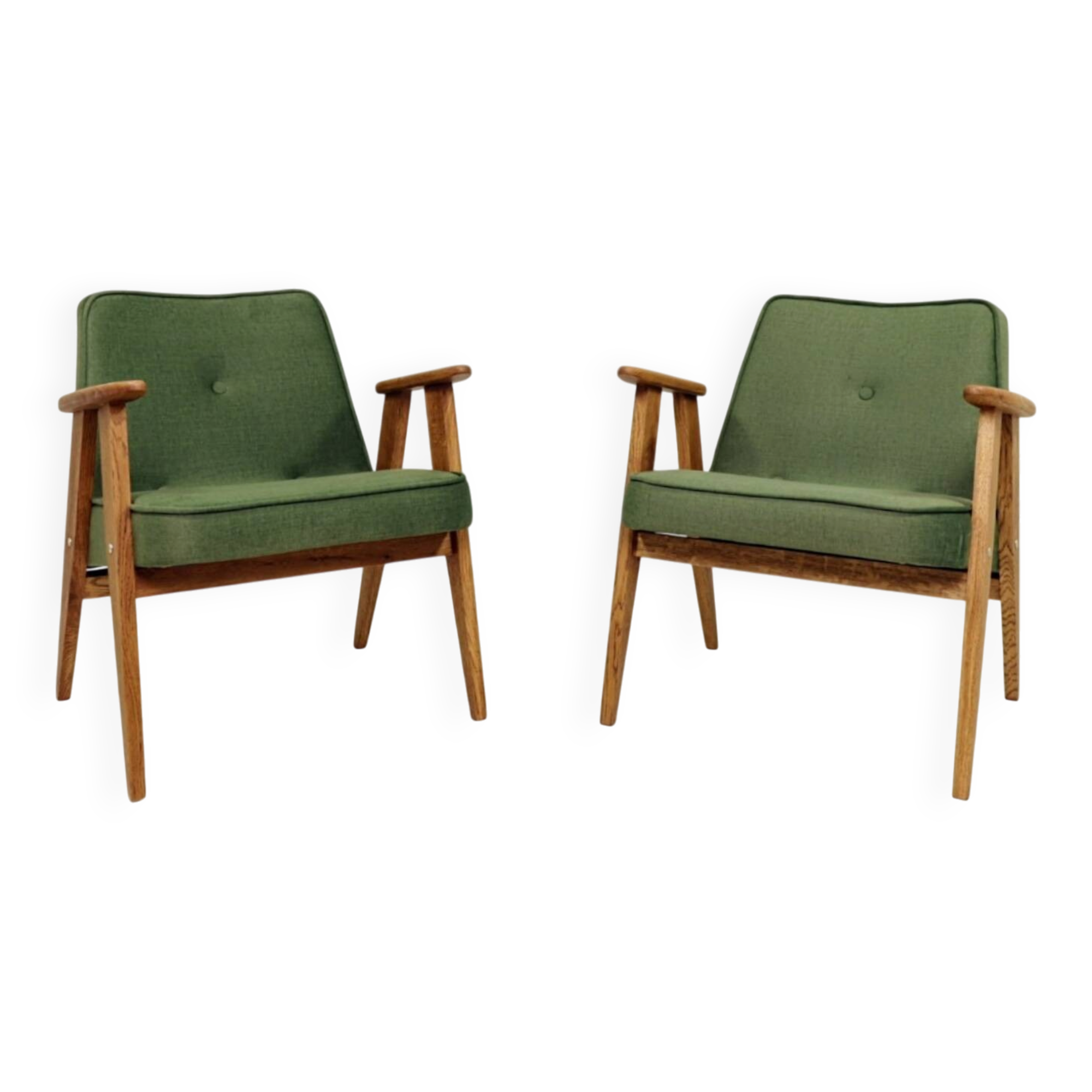 Paire de fauteuils en chêne clair et tissu vert olive