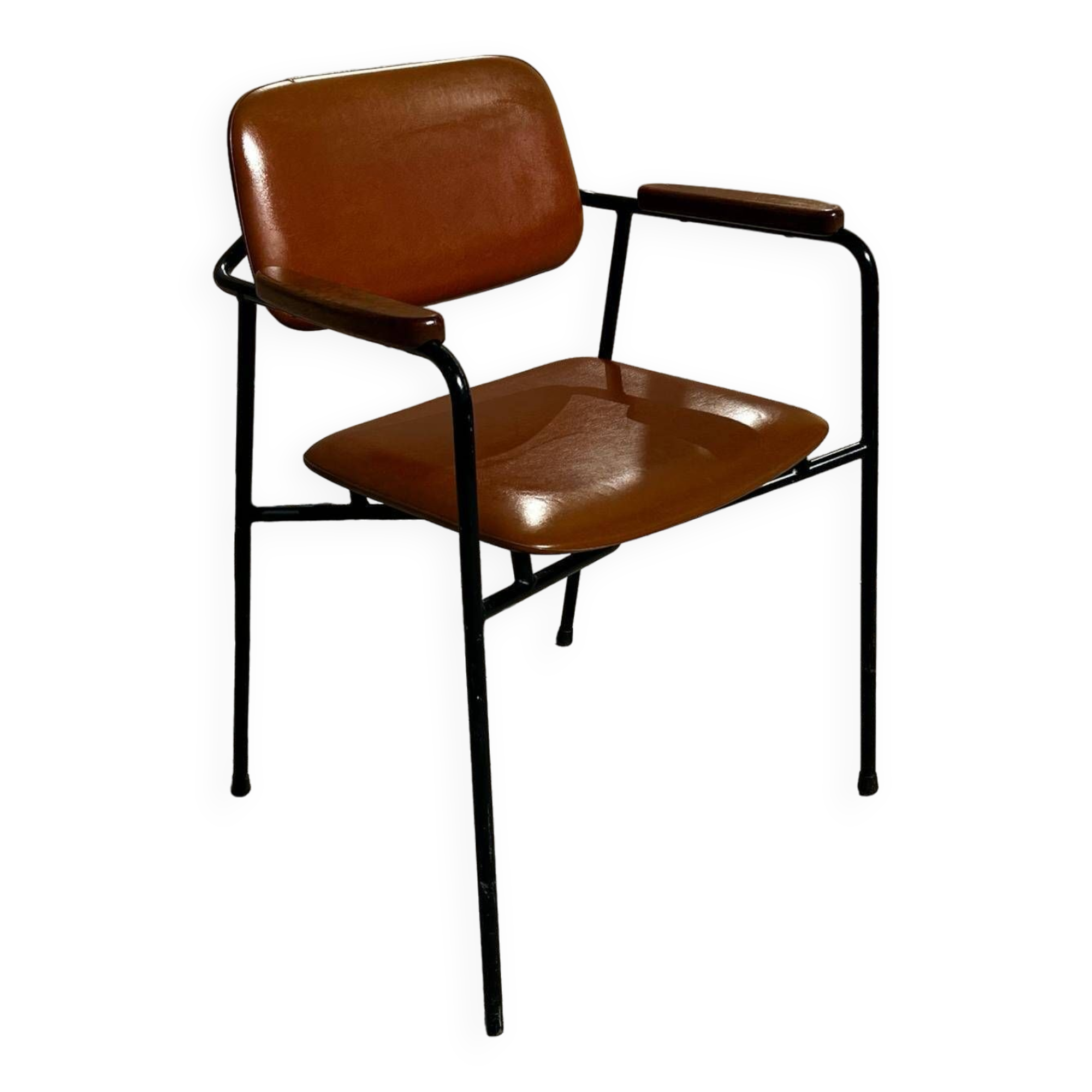 Fauteuil en métal, chêne et simili cuir vintage 1950