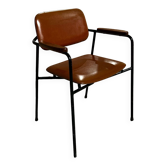 Vintage 1950s metal, oak and faux leather armchair