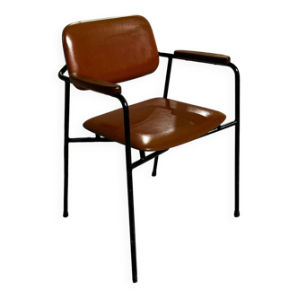 Fauteuil en métal, chêne et simili cuir vintage 1950