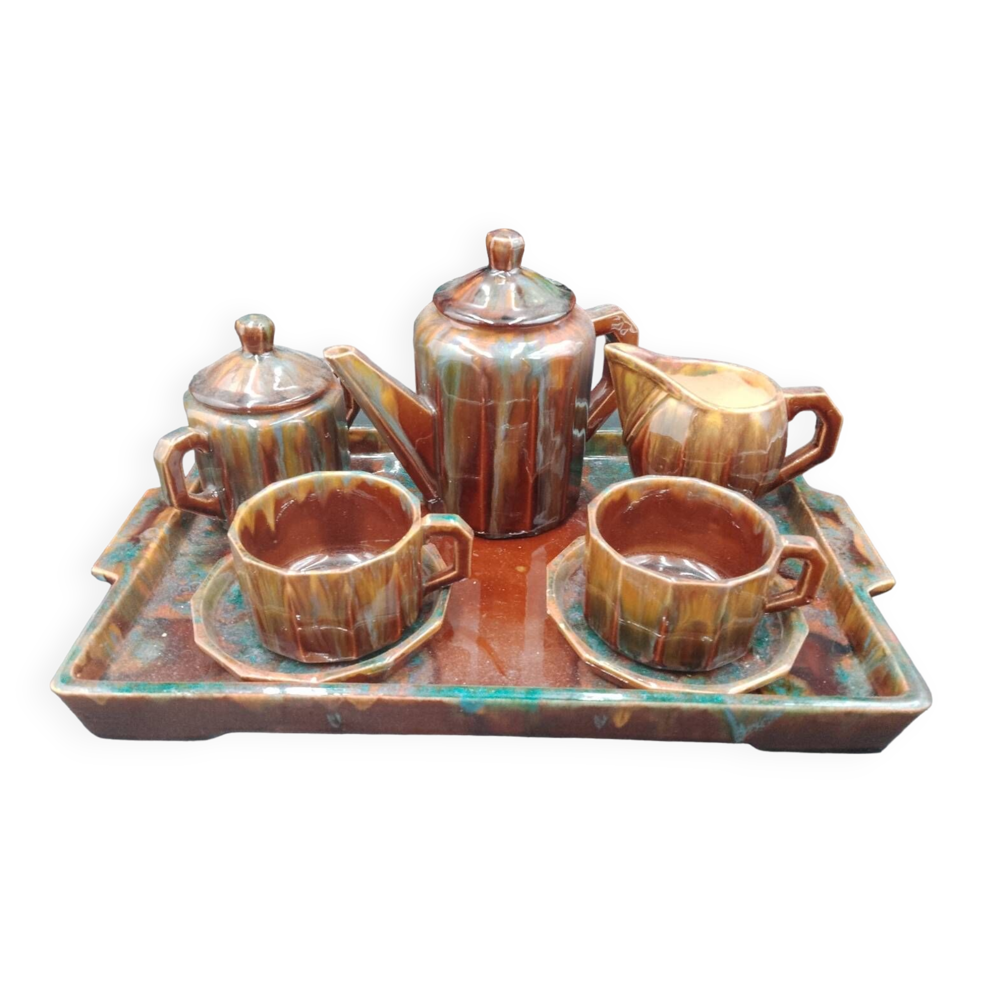 Tête-à-tête coffee service in Puisaye stoneware signed Louis Cagnat, Art Deco