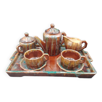 Tête-à-tête coffee service in Puisaye stoneware signed Louis Cagnat, Art Deco