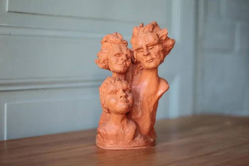 Sculpture signed Doloire, terracotta sculpture with 3 faces, candlestick sculpture, collection, interior decoration.