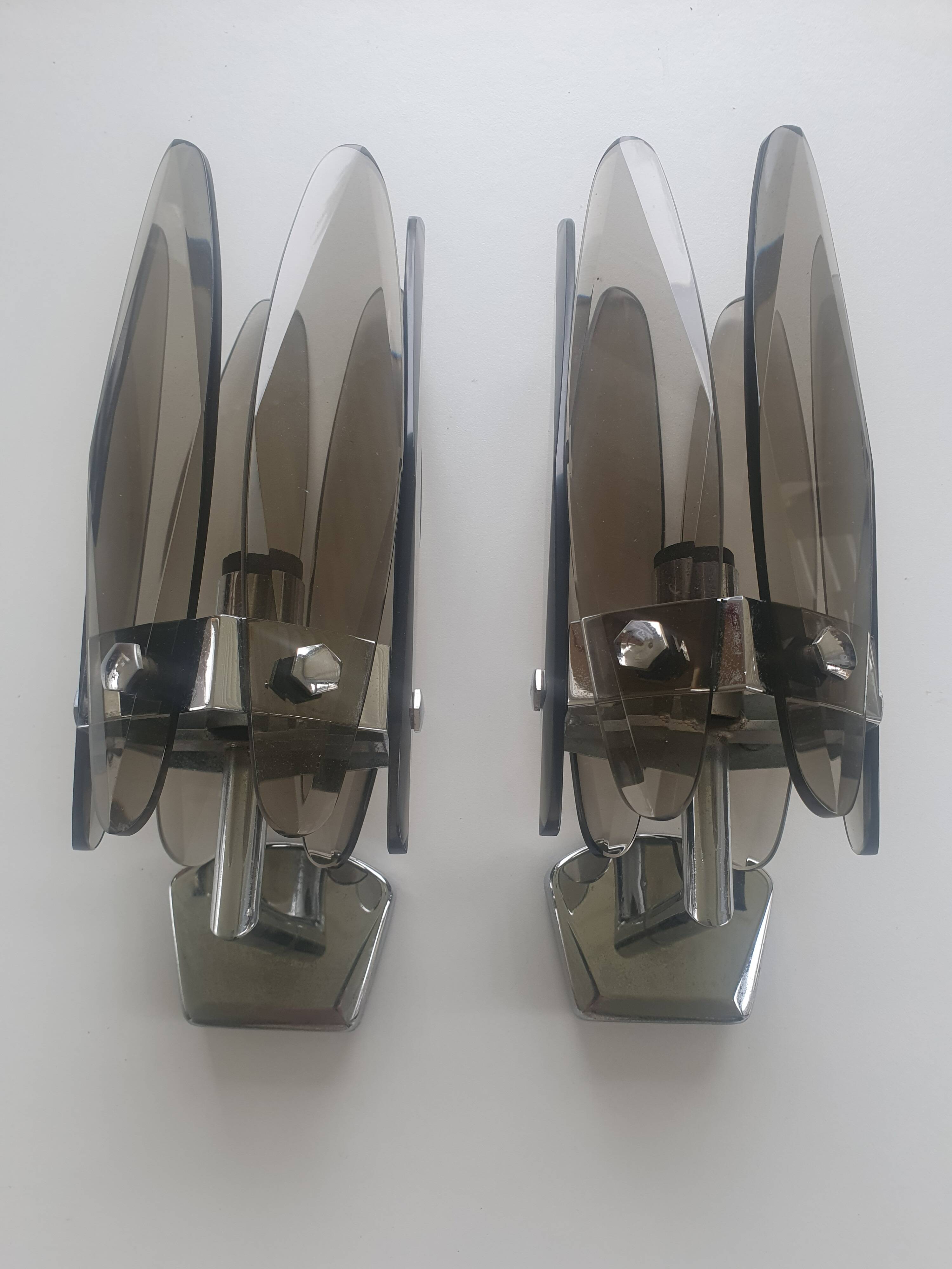 Pair of vintage Italian chrome wall sconces with smoked glass