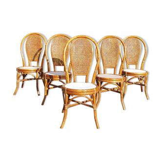 Lot 5 chaises en rotin et cannage années 70