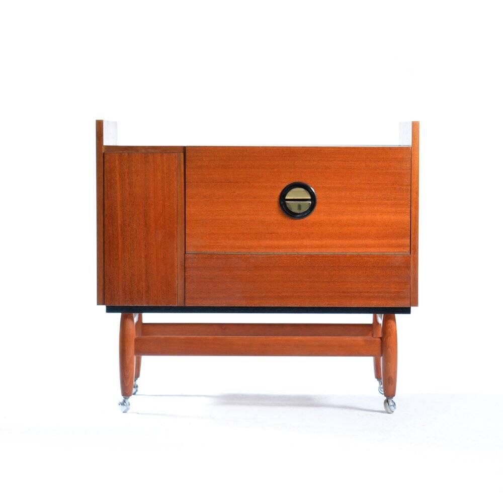 Bar Sideboard On Wheels In Mahagony & Brass, Czechoslovakia 1970