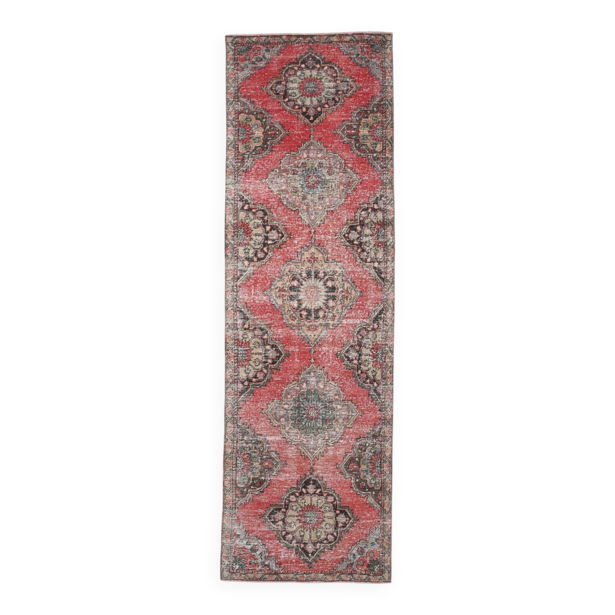 Classic Pattern Red & Green Vintage Runner Rug, 104x344Cm