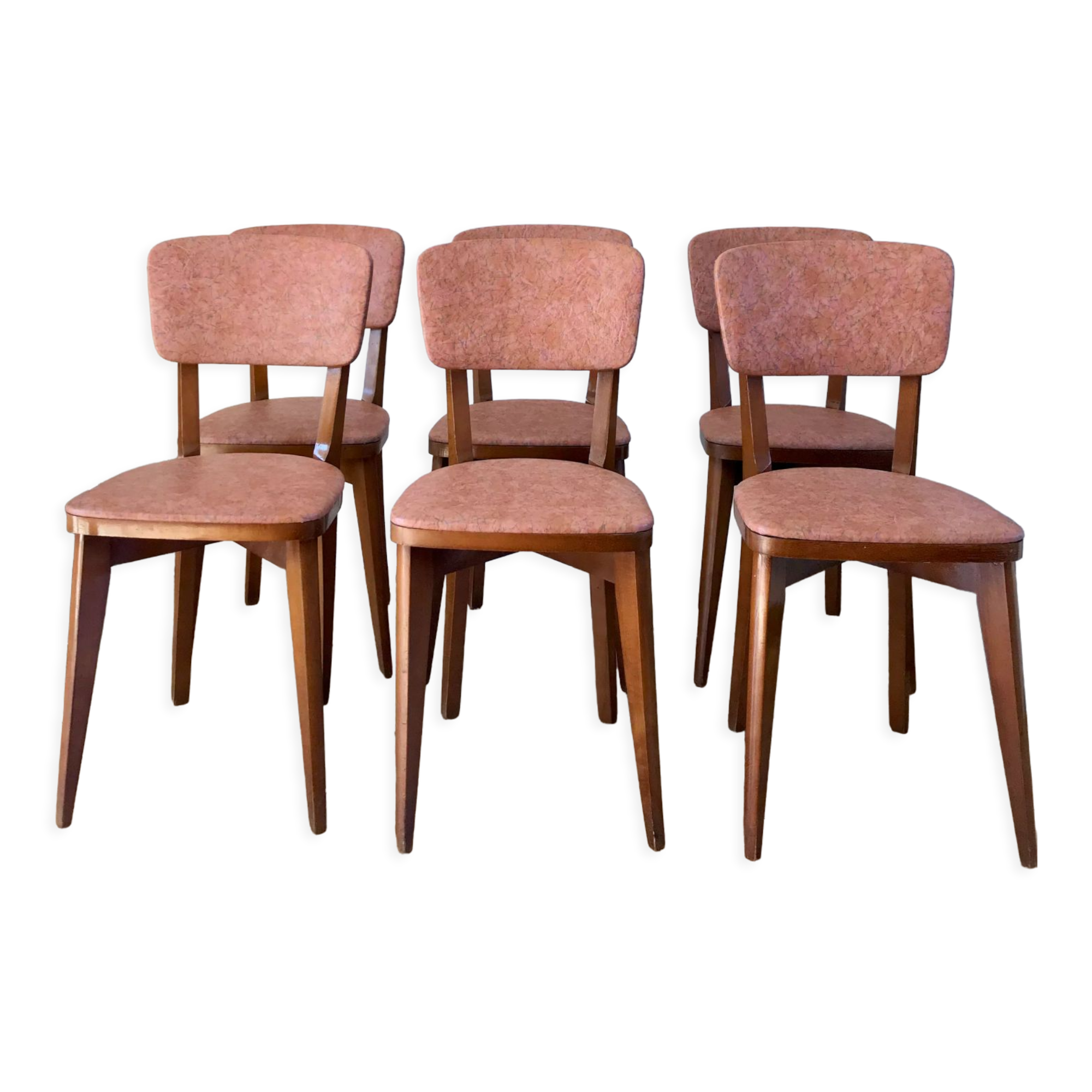 Set of 6 Scandinavian chairs in beech wood and pastel skaï 50s
