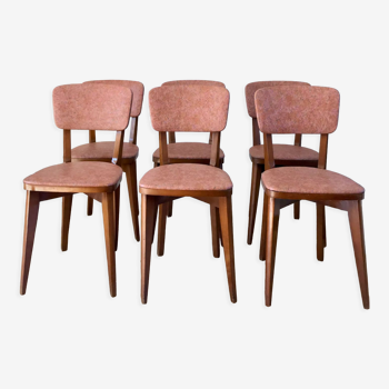Ensemble de 6 chaises scandinaves en bois de hêtre et skaï pastel années 50