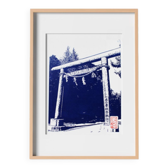 Japanese linocut of the Torii from the entrance to a Shinto shrine in Asakusa Prussian Blue