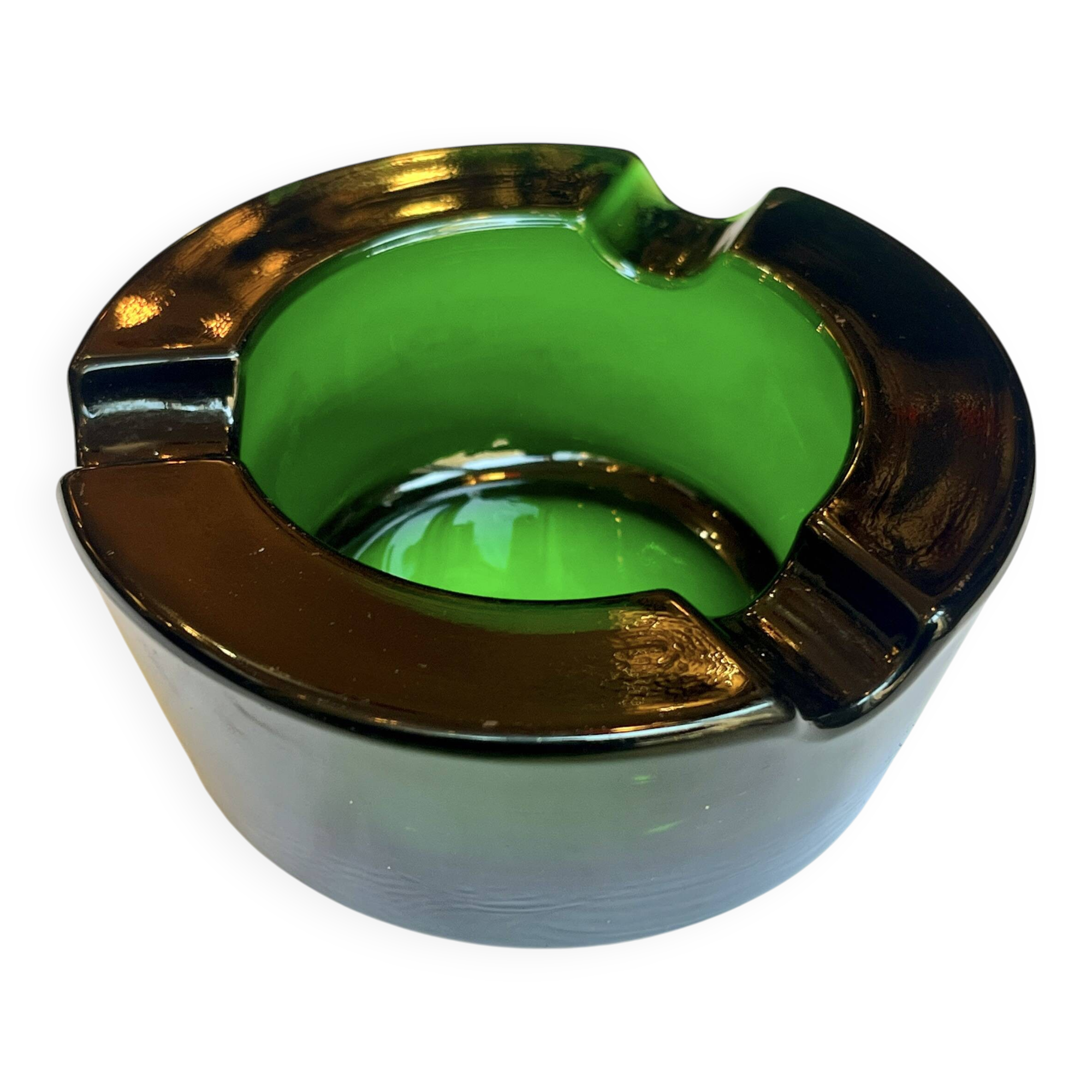 Cendrier en verre vert épais rond vintage des années 1960 rétro