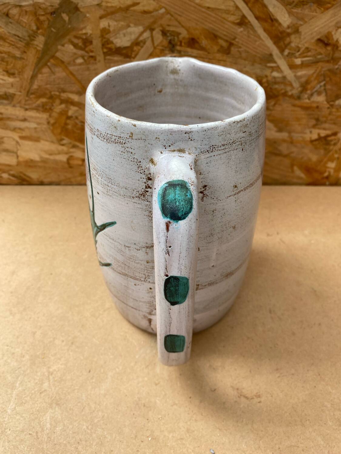 Antique vallauris ceramic pitcher with vintage blue thistle decor