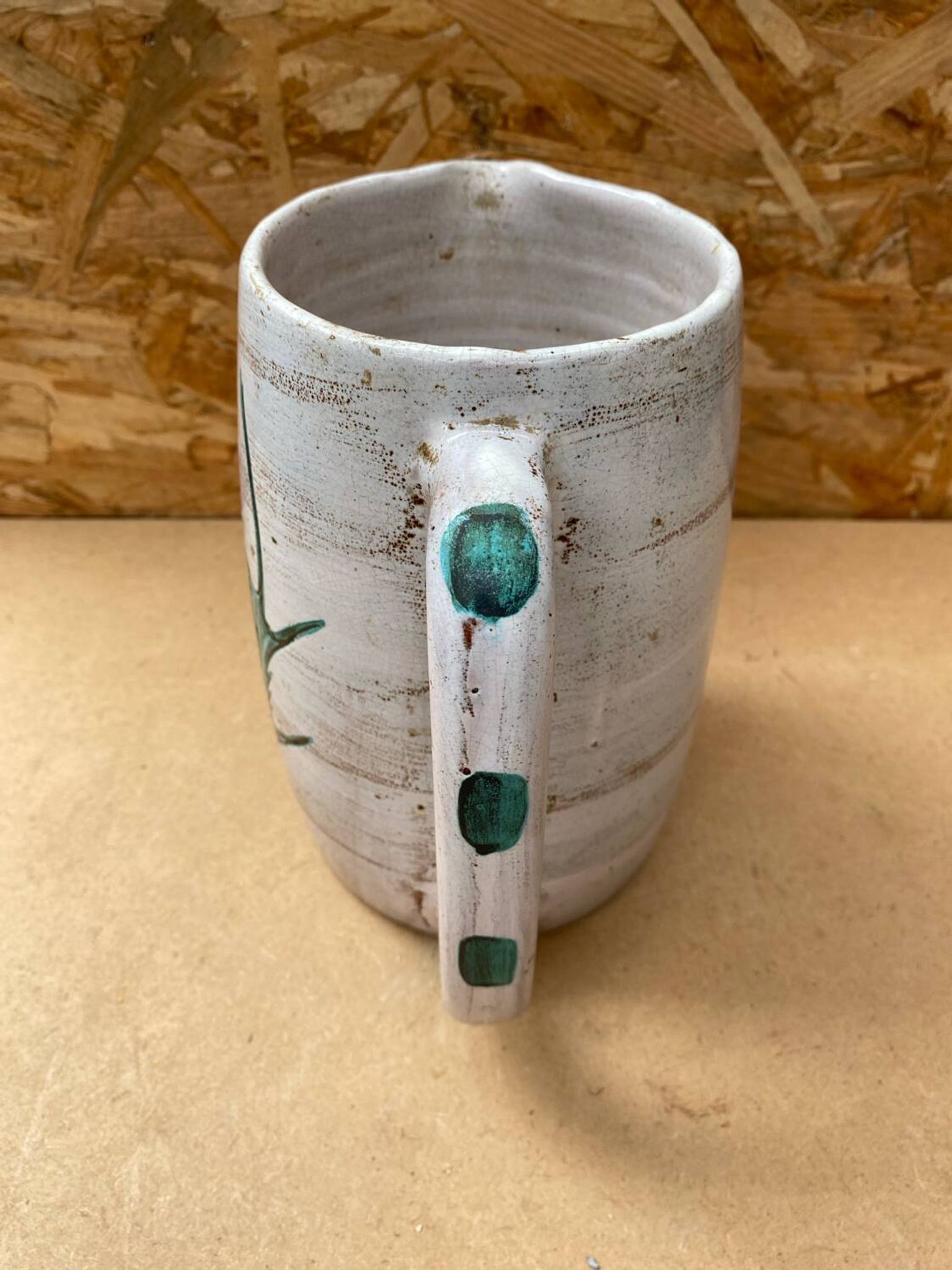 Antique vallauris ceramic pitcher with vintage blue thistle decor