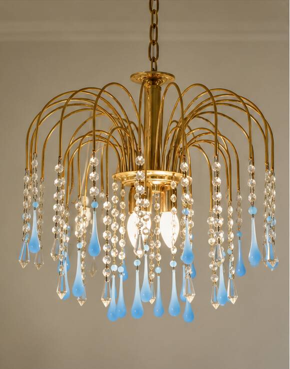 Vintage chandelier with blue Murano glass pendants.
