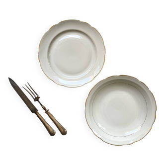 Set of 2 white porcelain dishes with gold decoration Sologne Lamotte