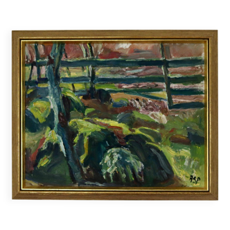 Original Swedish oil on canvas from the mid-century "By The Fence" by Gösta Asp (1907–1987) - Vintage