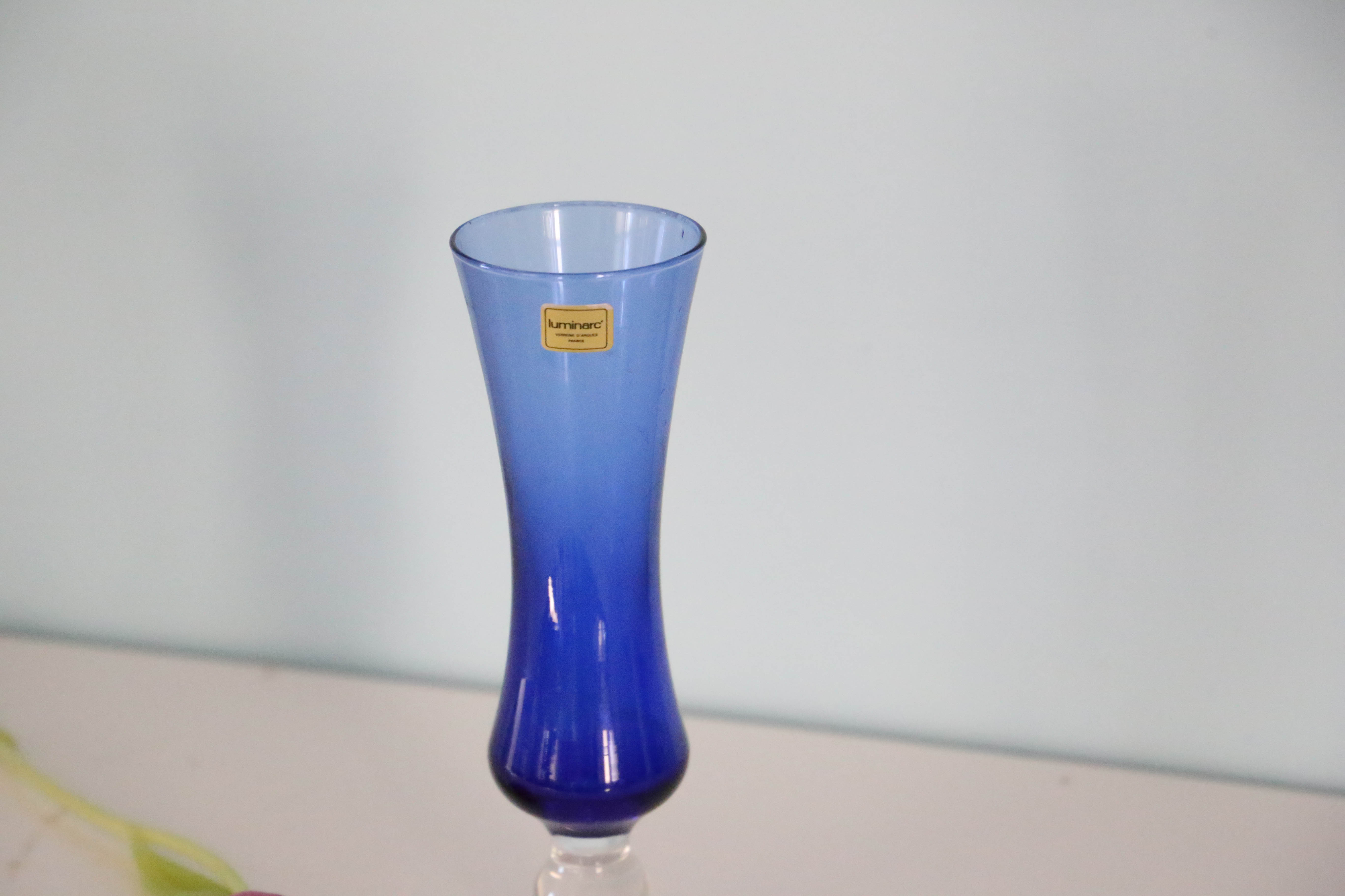 Blue vase, transparent foot, Duralex, vintage