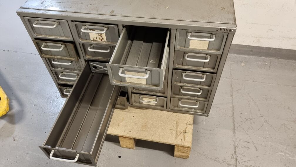 Antique metal workshop furniture has 20 drawers