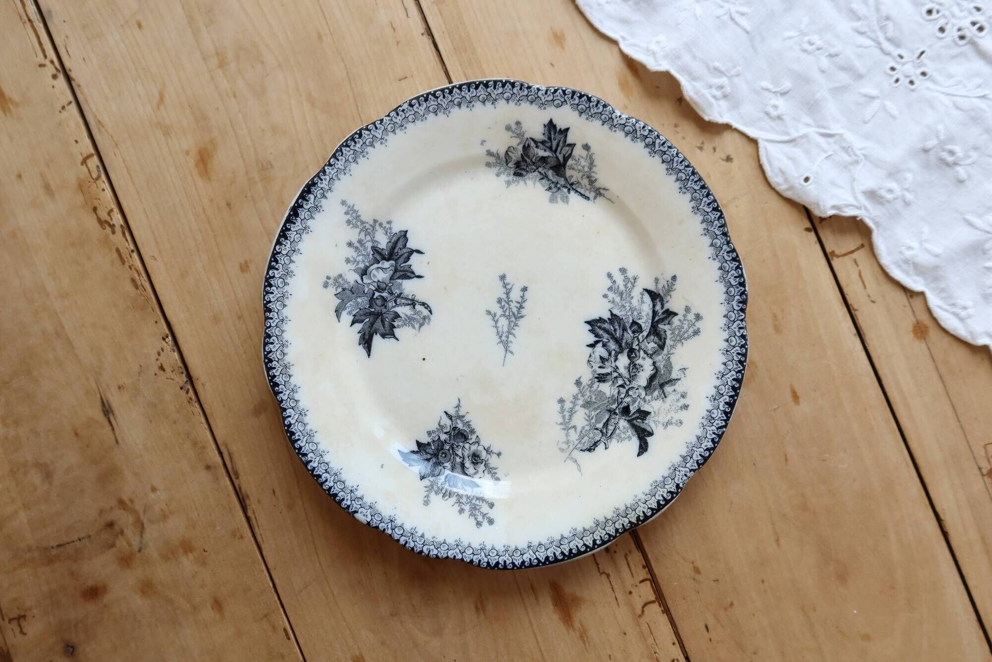 Flat plate iron earth Onnaing - Blue-black plant decoration on ivory background