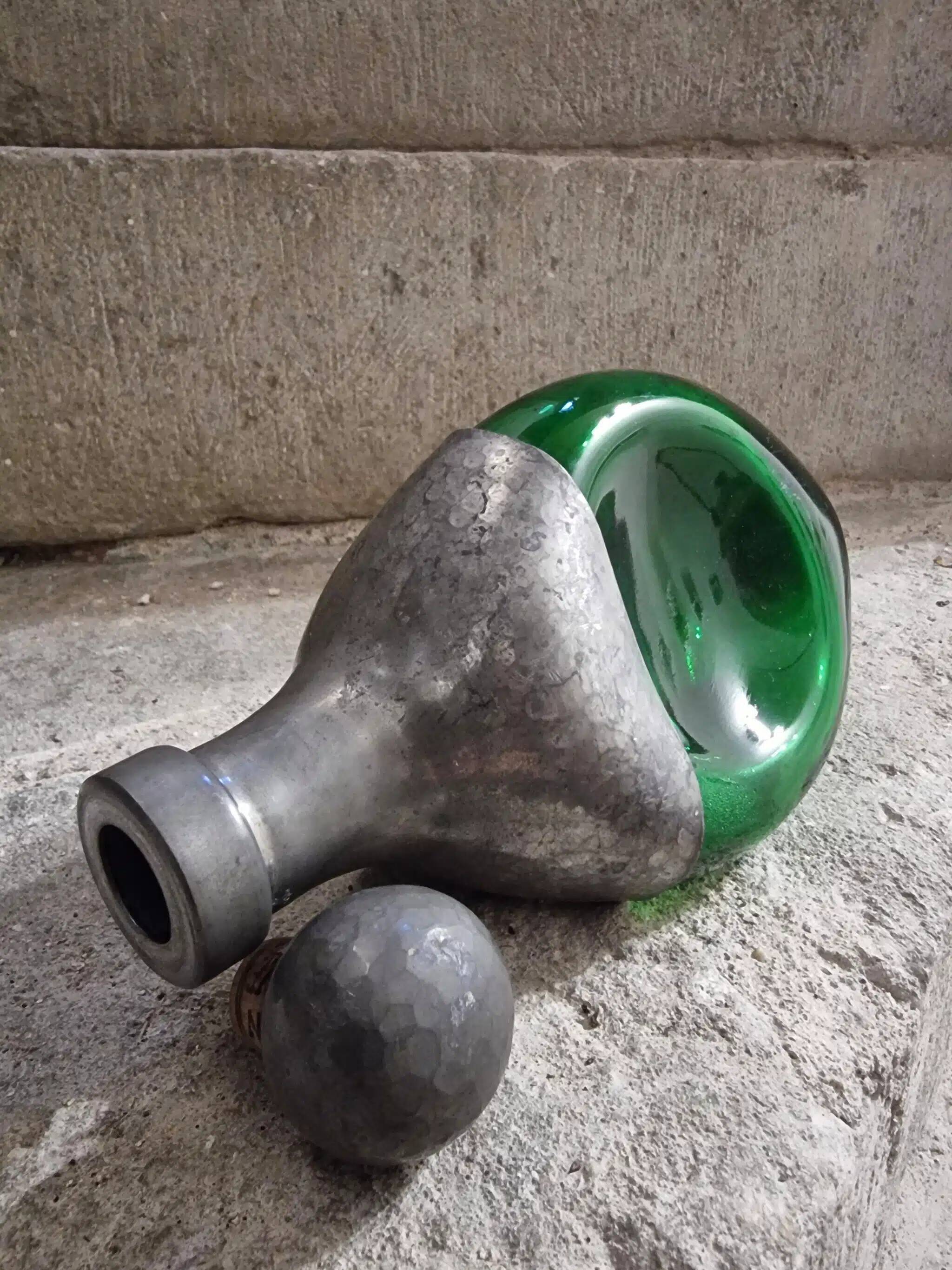 Vintage French green glass and pewter carafe - 1930s handcrafted bottle with stopper