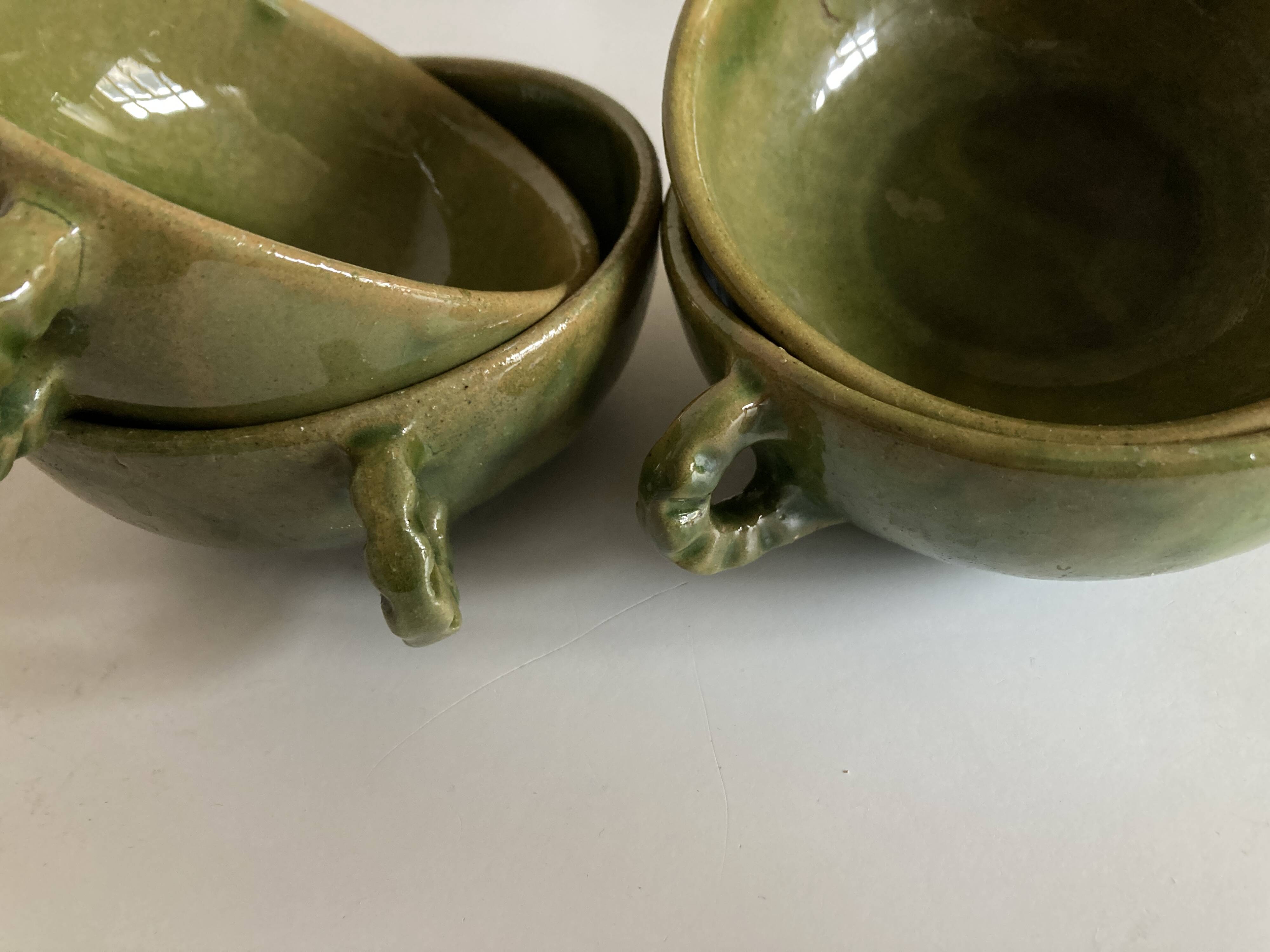 Set of 4 green bowls with handles in Biot glazed earthenware, 1960