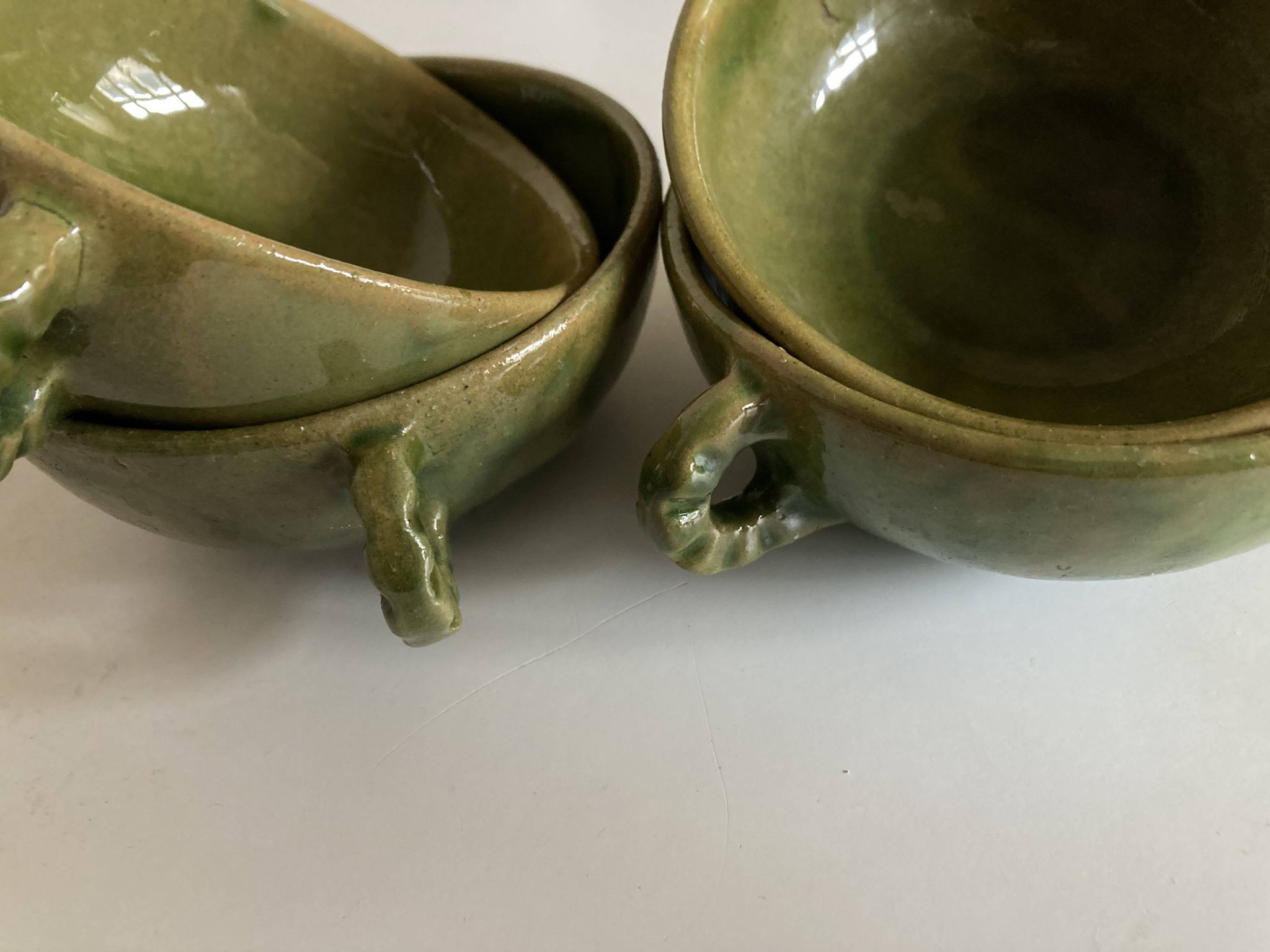 4 green glazed earthenware bowls with handles from Biot, 1960