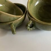 4 green glazed earthenware bowls with handles from Biot, 1960