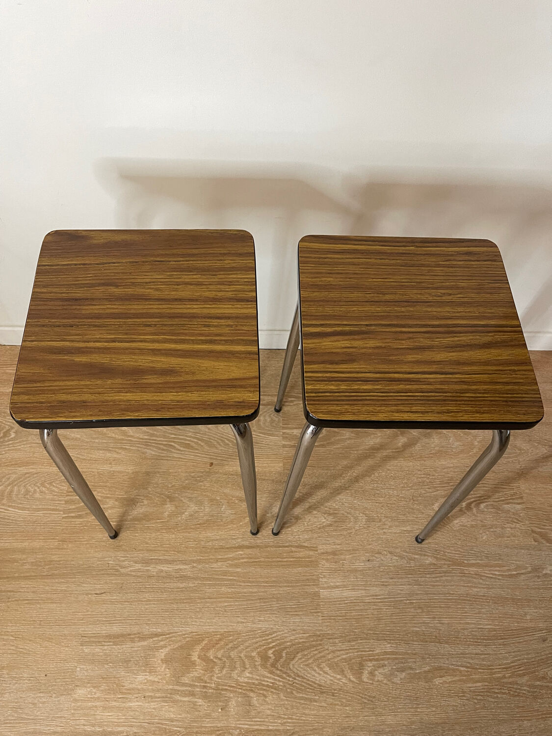 Pair of vintage high stools in formica and chrome metal