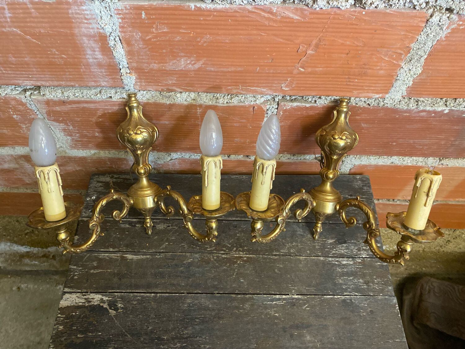Pair of Double Wall Lights in Antique Louis XV Style, Gilded Bronze Vintage #D67
