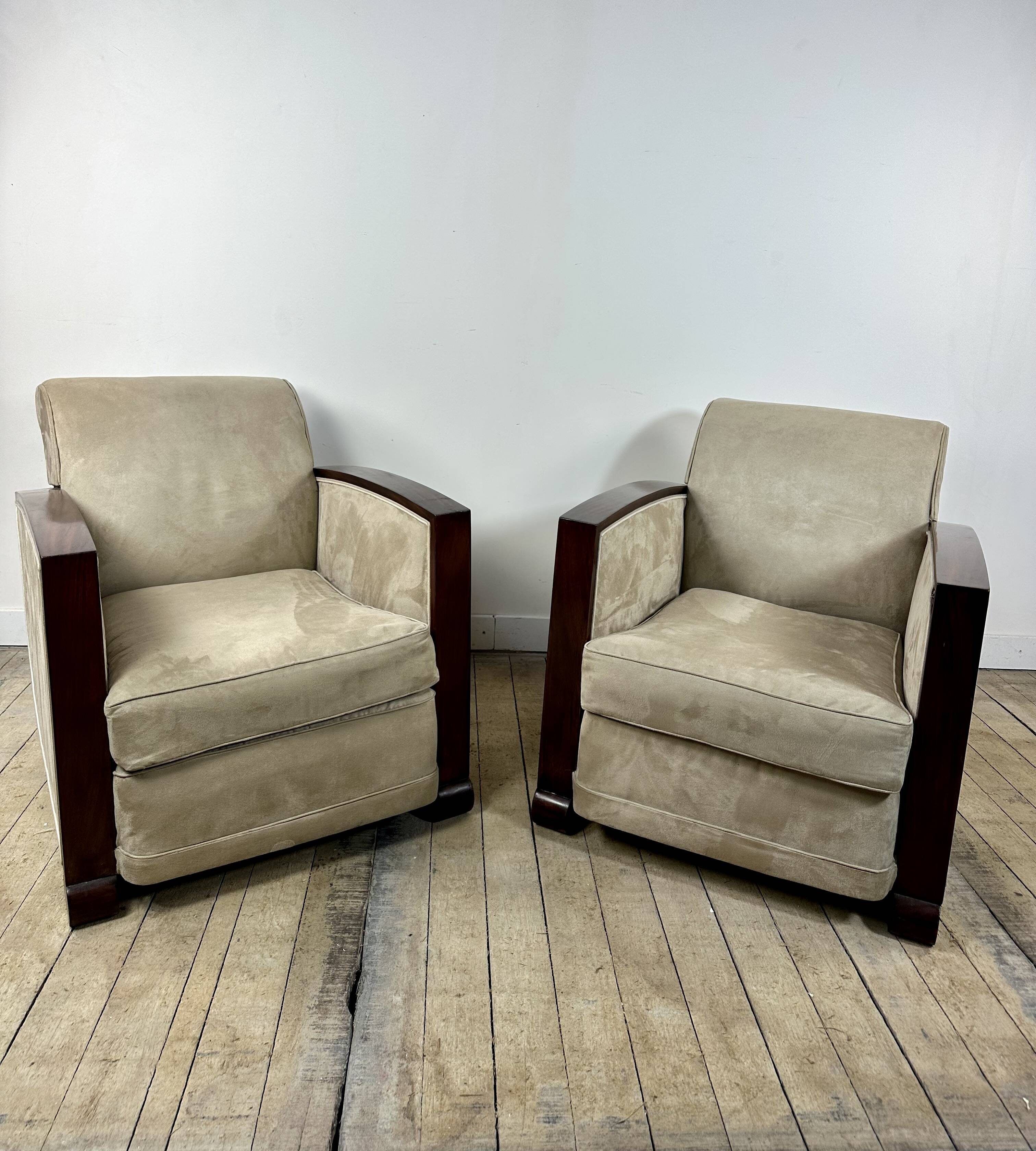 Pair of Art Deco armchairs in rosewood and suede.