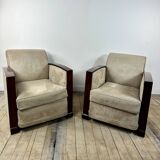 Pair of Art Deco armchairs in rosewood and suede.