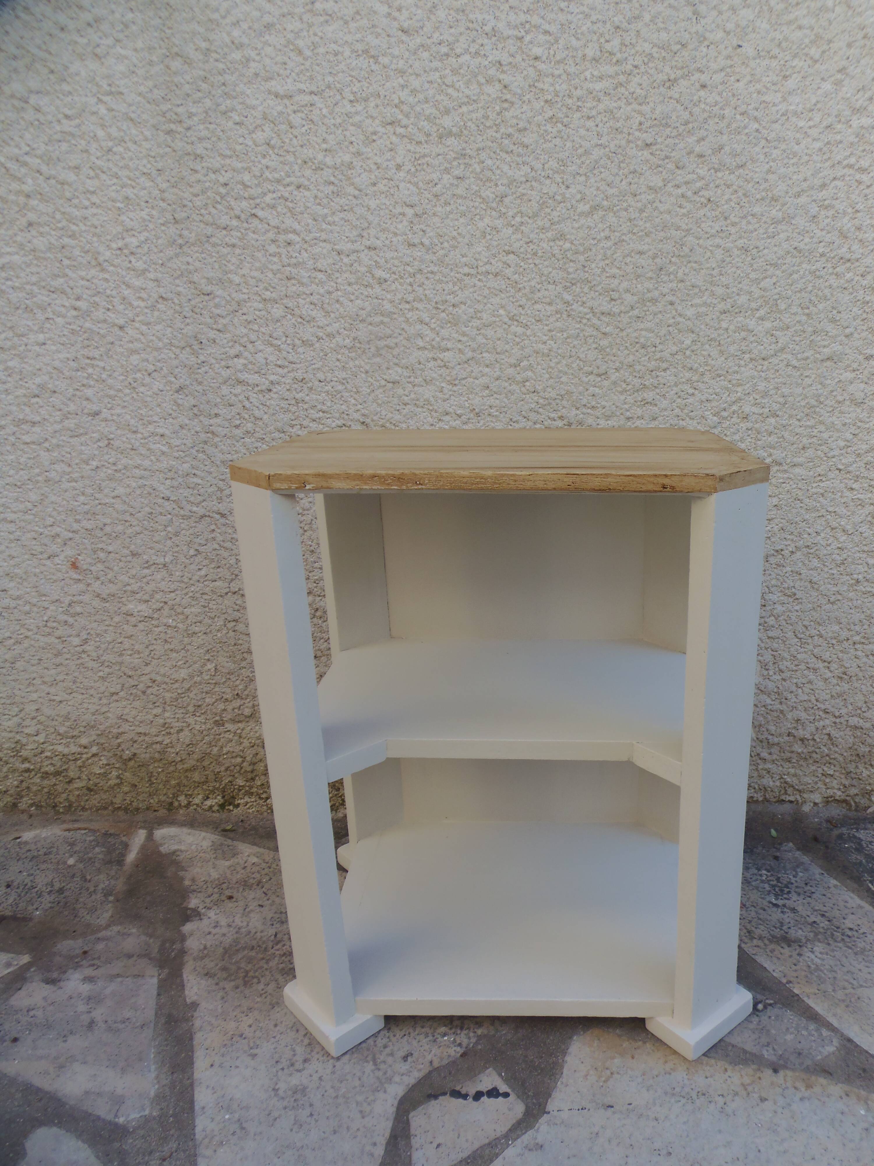 Vintage side table reimagined in beige, wooden tops.