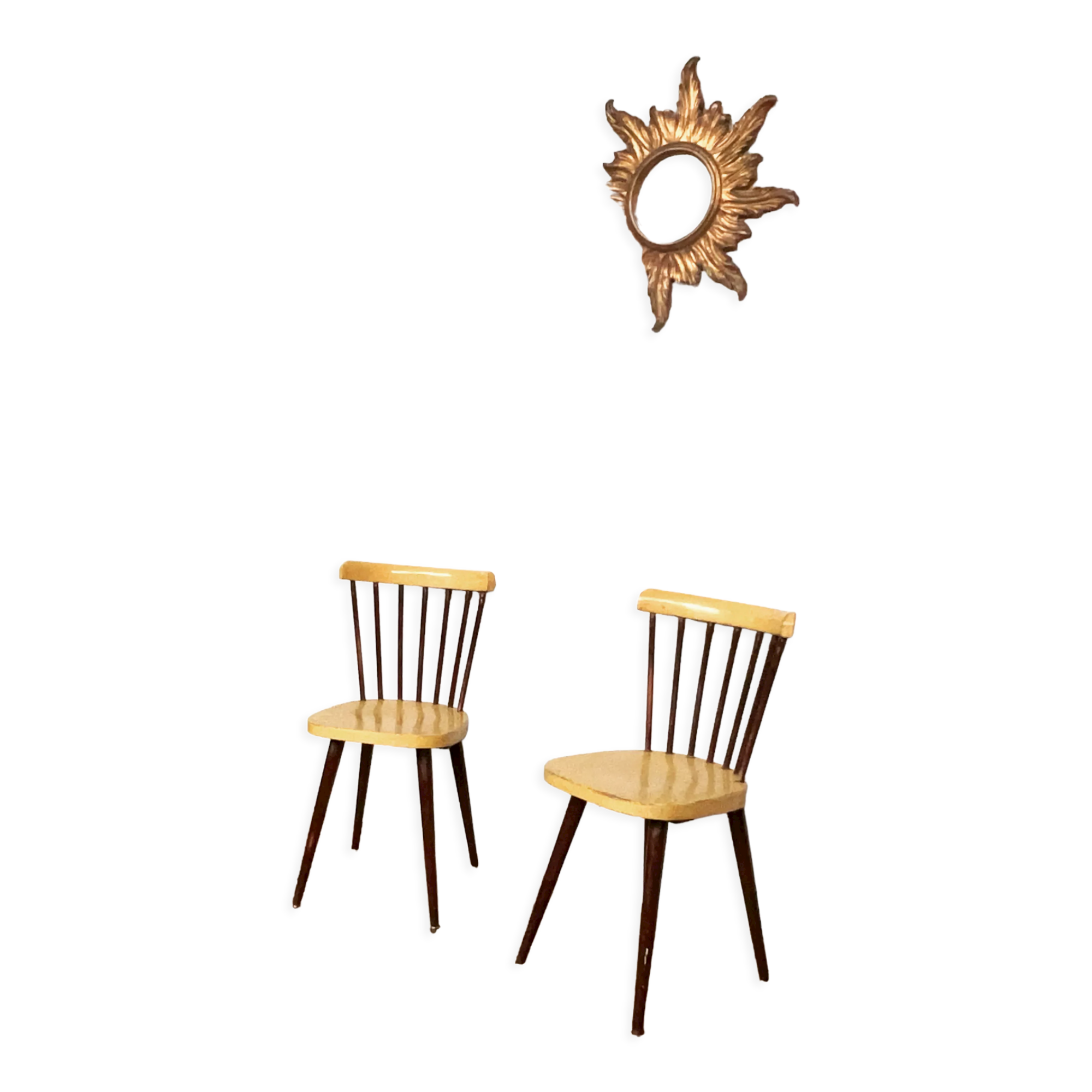 Pair of Baumann bistrot troquet chairs in yellow and brown wood