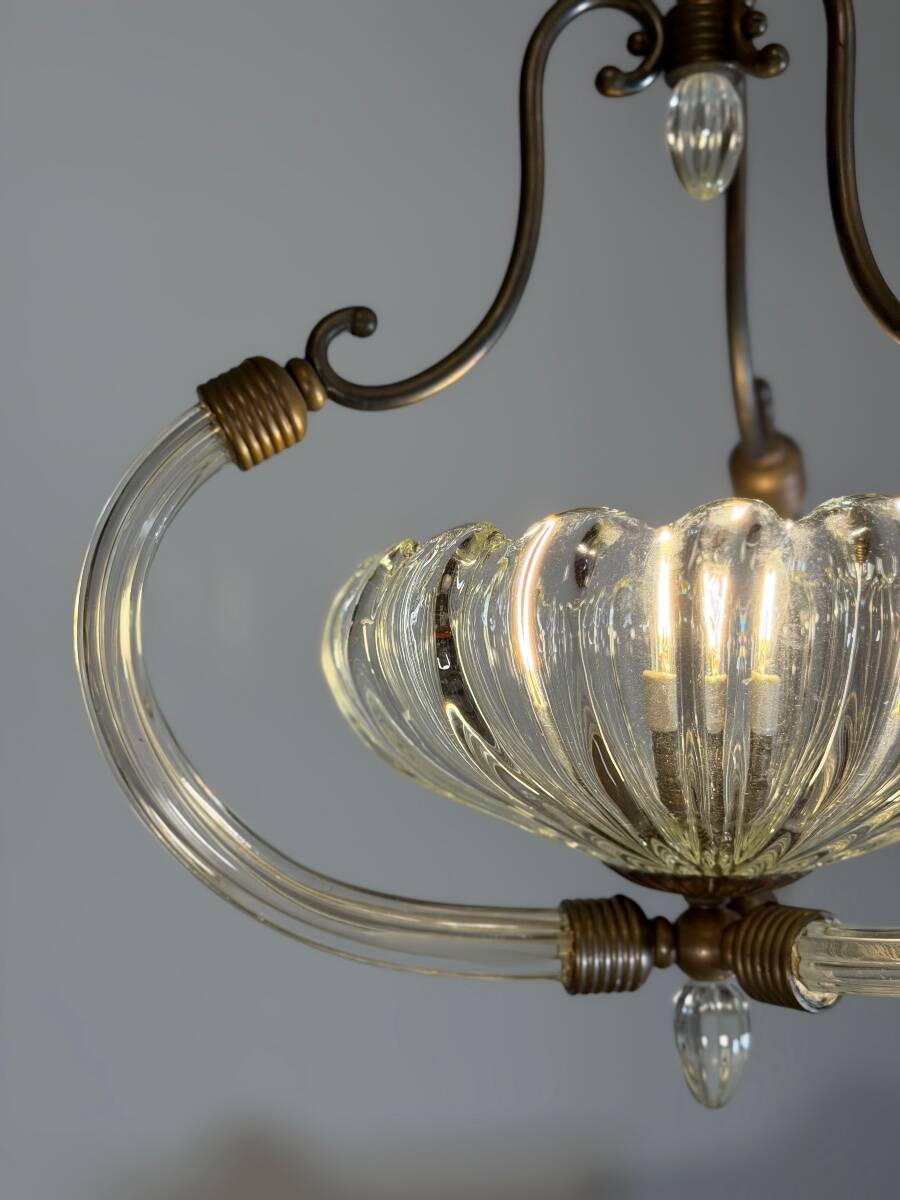 Lustre vénitien en verre de Murano et laiton, vers 1950