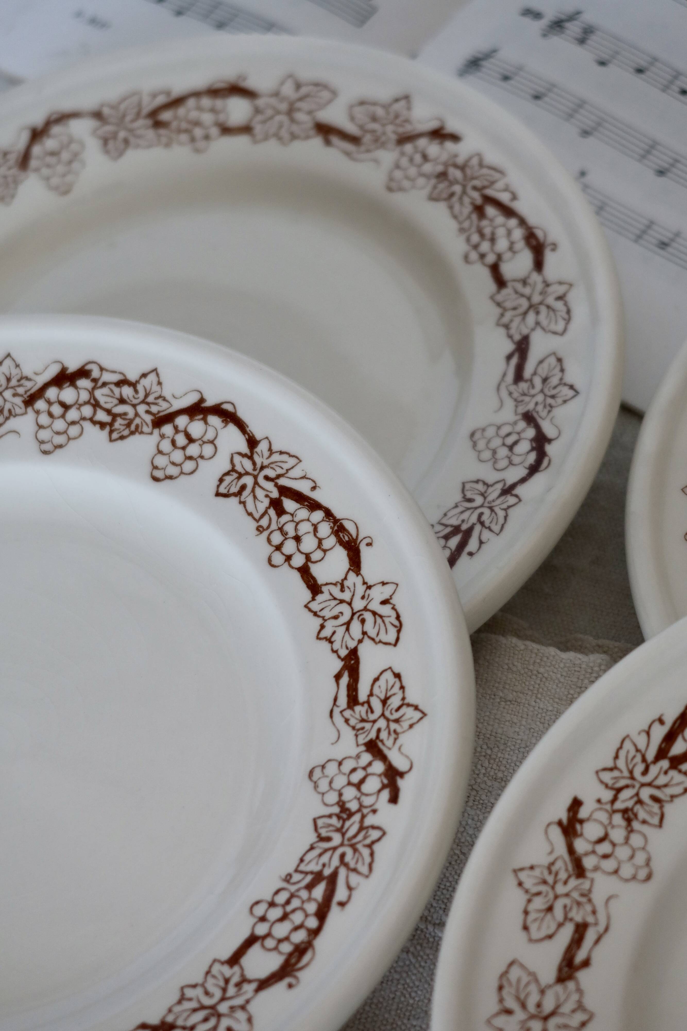 6 vintage porcelain dessert plates with brown ivy border