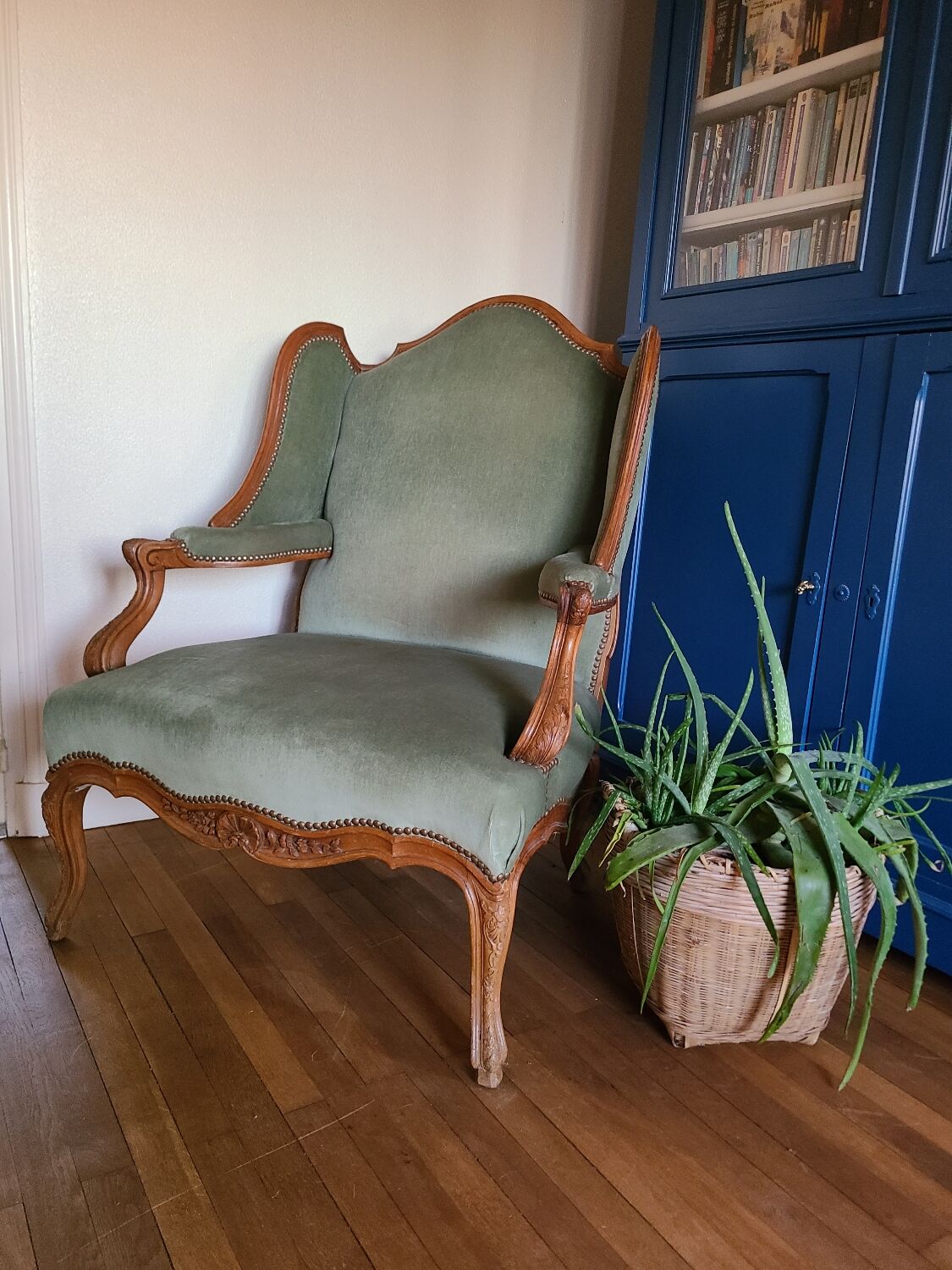 Vintage Louis XV style wing chair, light green velvet