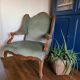 Vintage Louis XV style wing chair, light green velvet