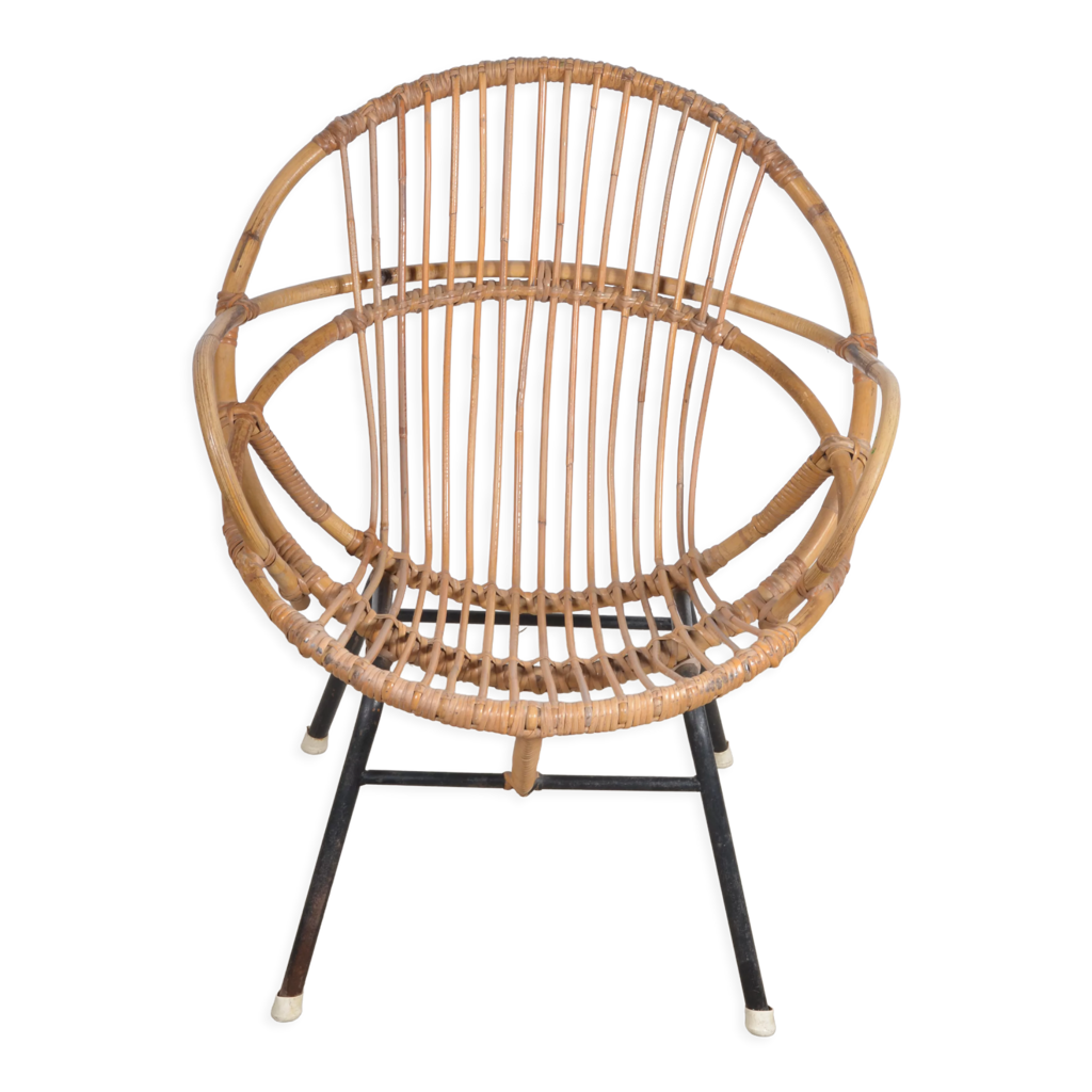 Fauteuil coquille en rotin avec accoudoirs | Selency