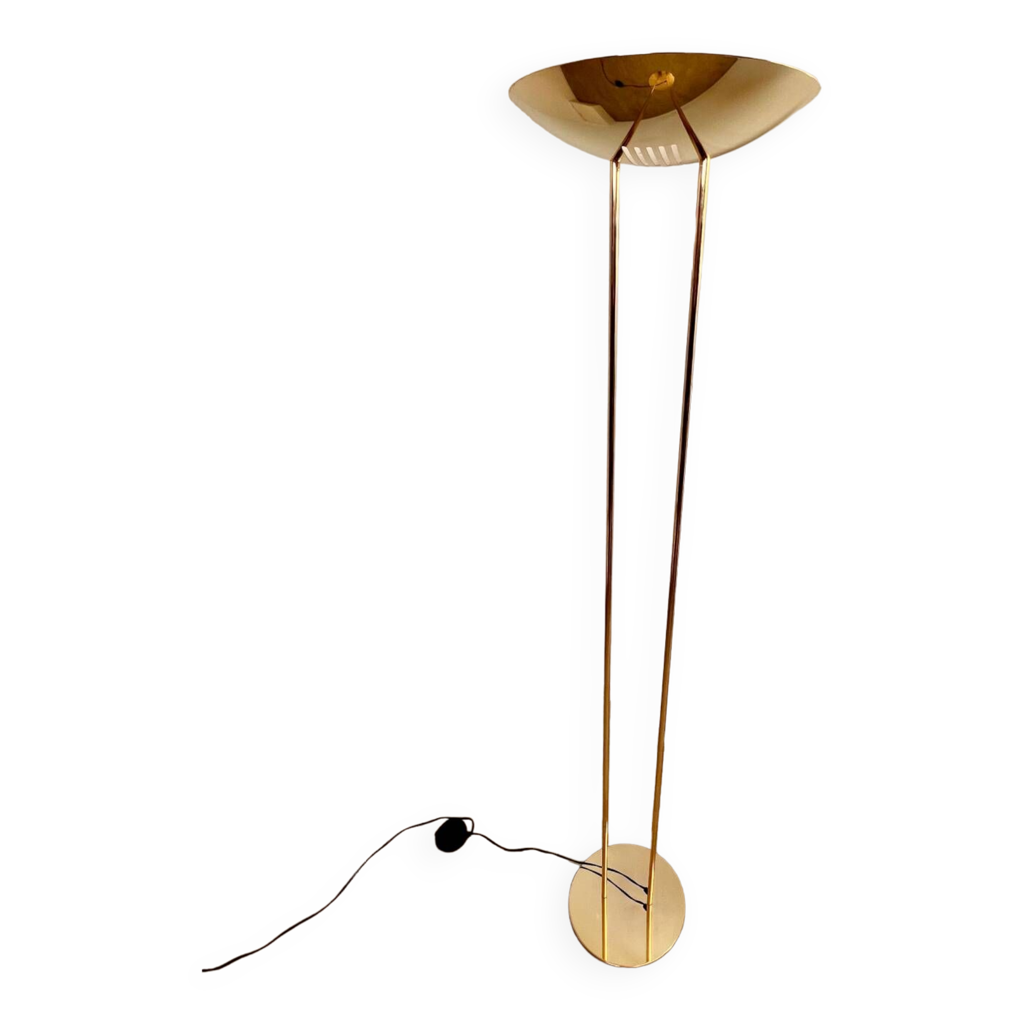 Old golden brass floor lamp with Italian design bulb from the 70s vintage