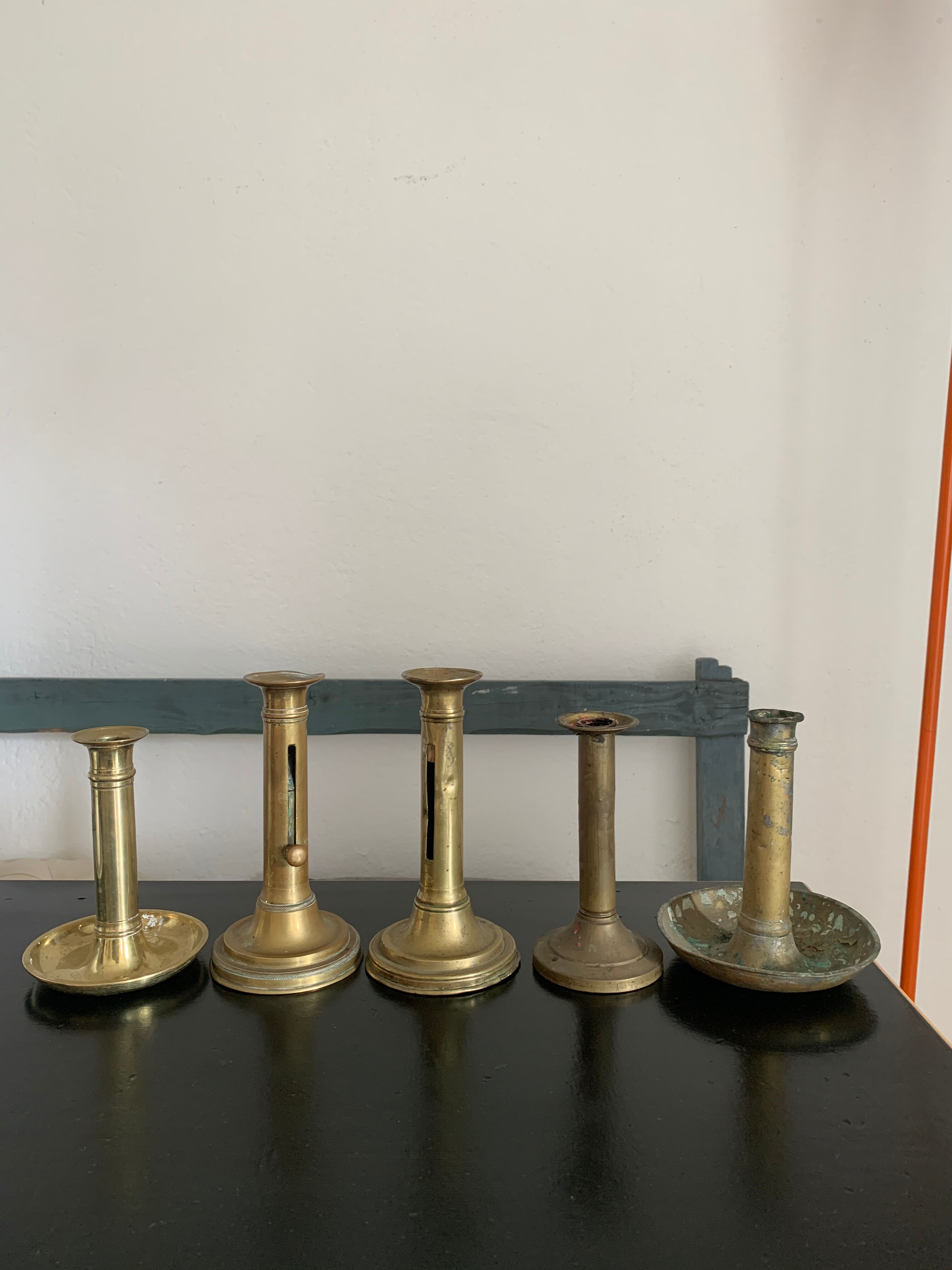 Set 5 vintage brass candlesticks