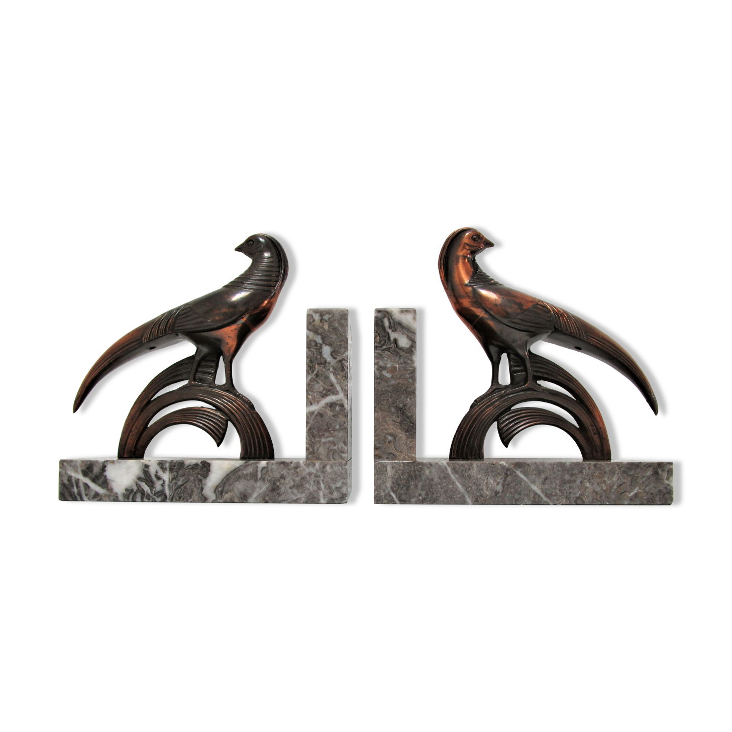 Pair of greenhouse books bird Art Deco metal patinated marble