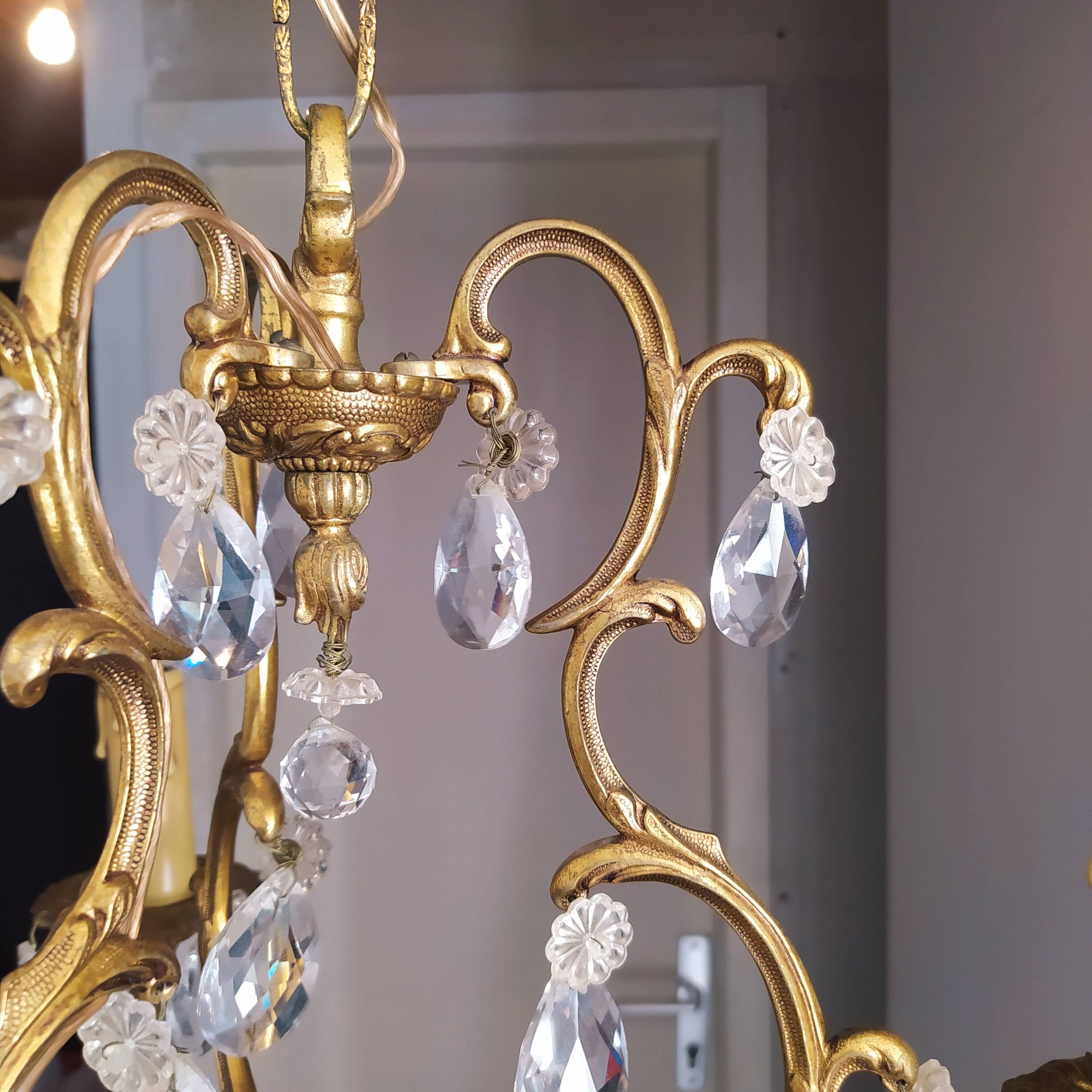 Louis xv bronze chandelier with crystal pendants 3 lights