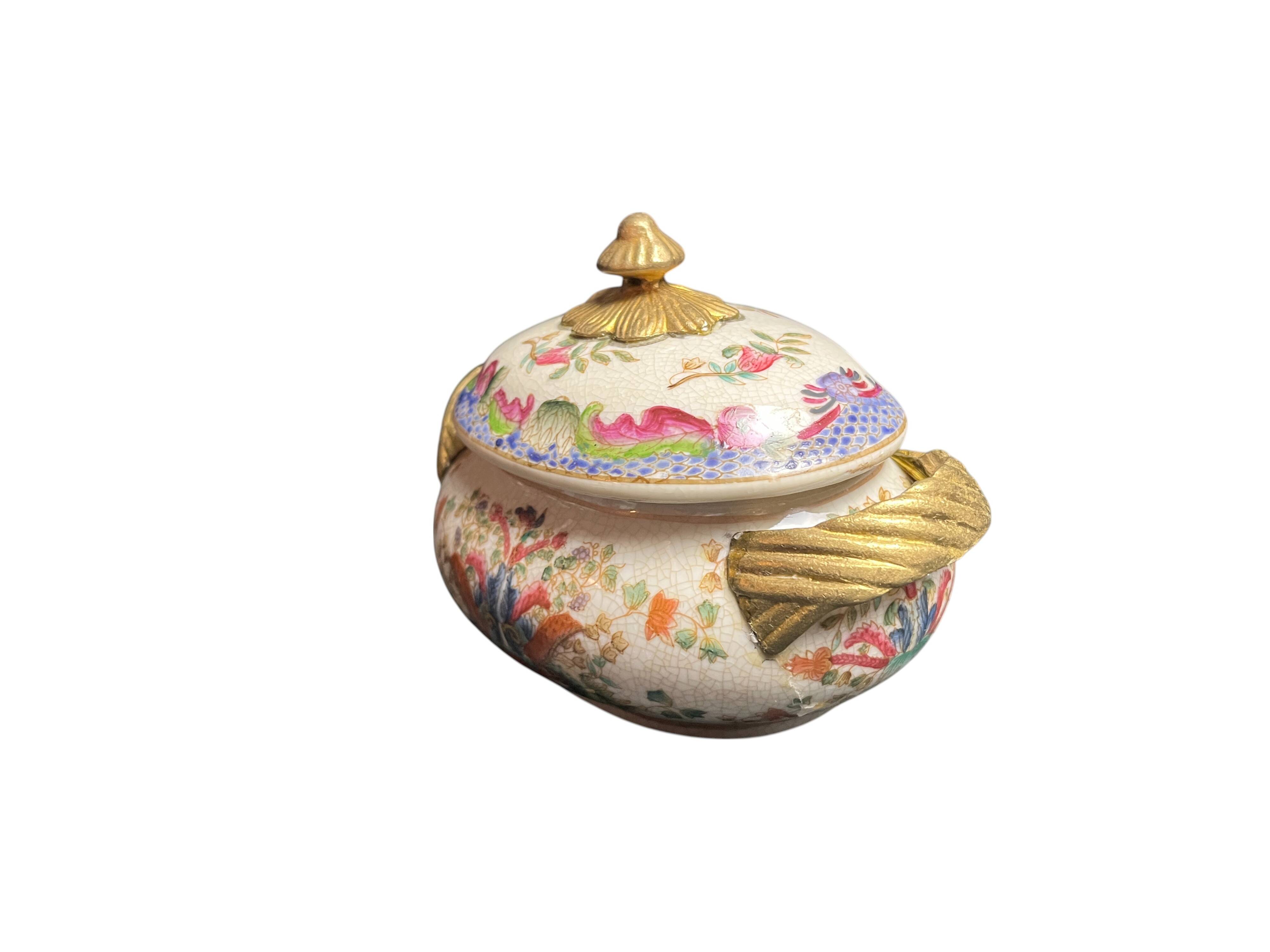 Cracked ceramic candy box with floral and gold decoration, 20th century