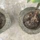 Two cement planters imitation tree trunks
