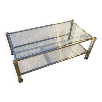 Table basse Pierre Vandel en verre, laiton doré et argenté