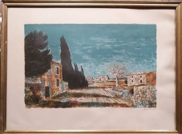 Lithographie signée Roland Oudot – La route de Saint-Rémy-de-Provence
