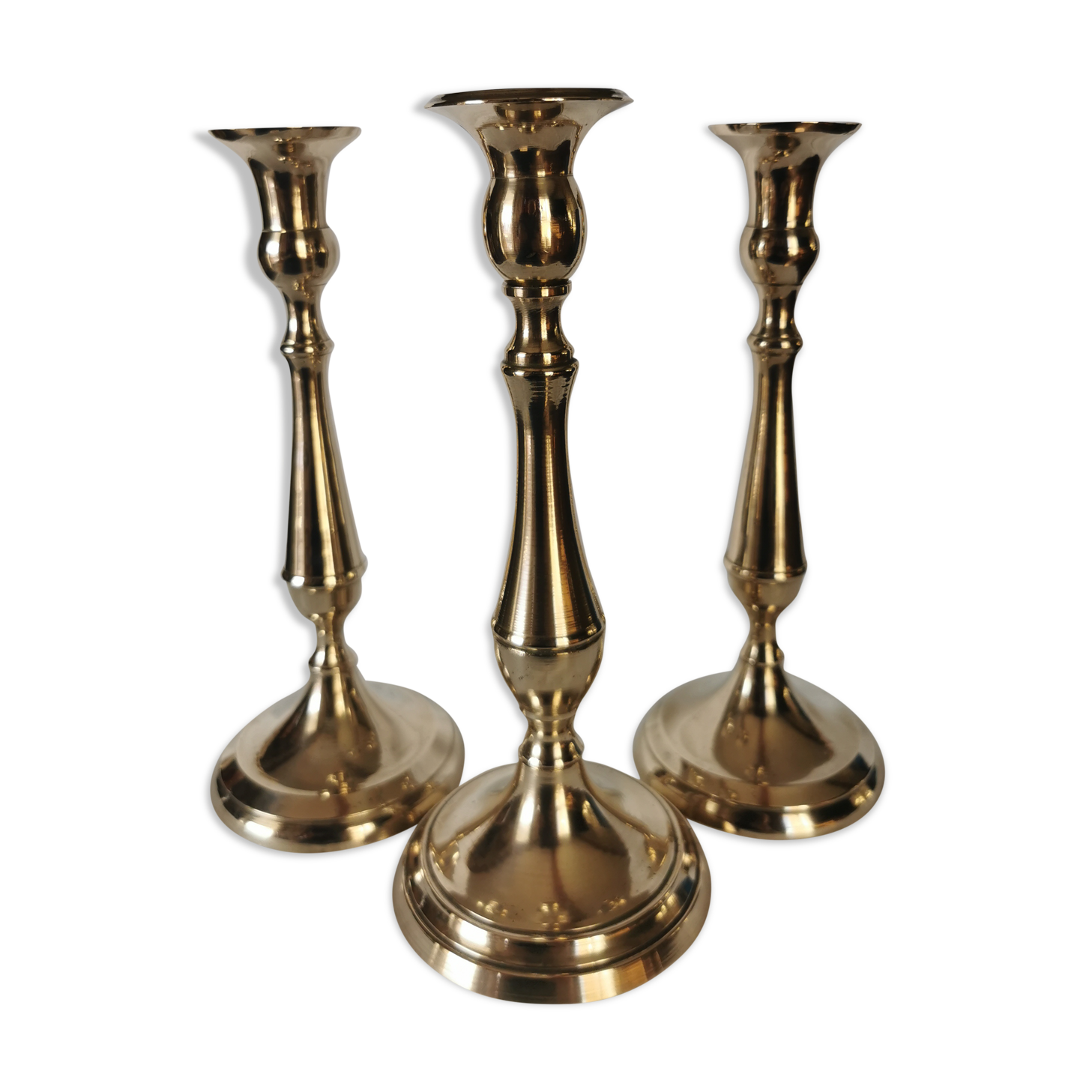 3 Old candle holders in solid golden brass