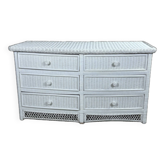 Curved chest of drawers in white rattan vintage 1980