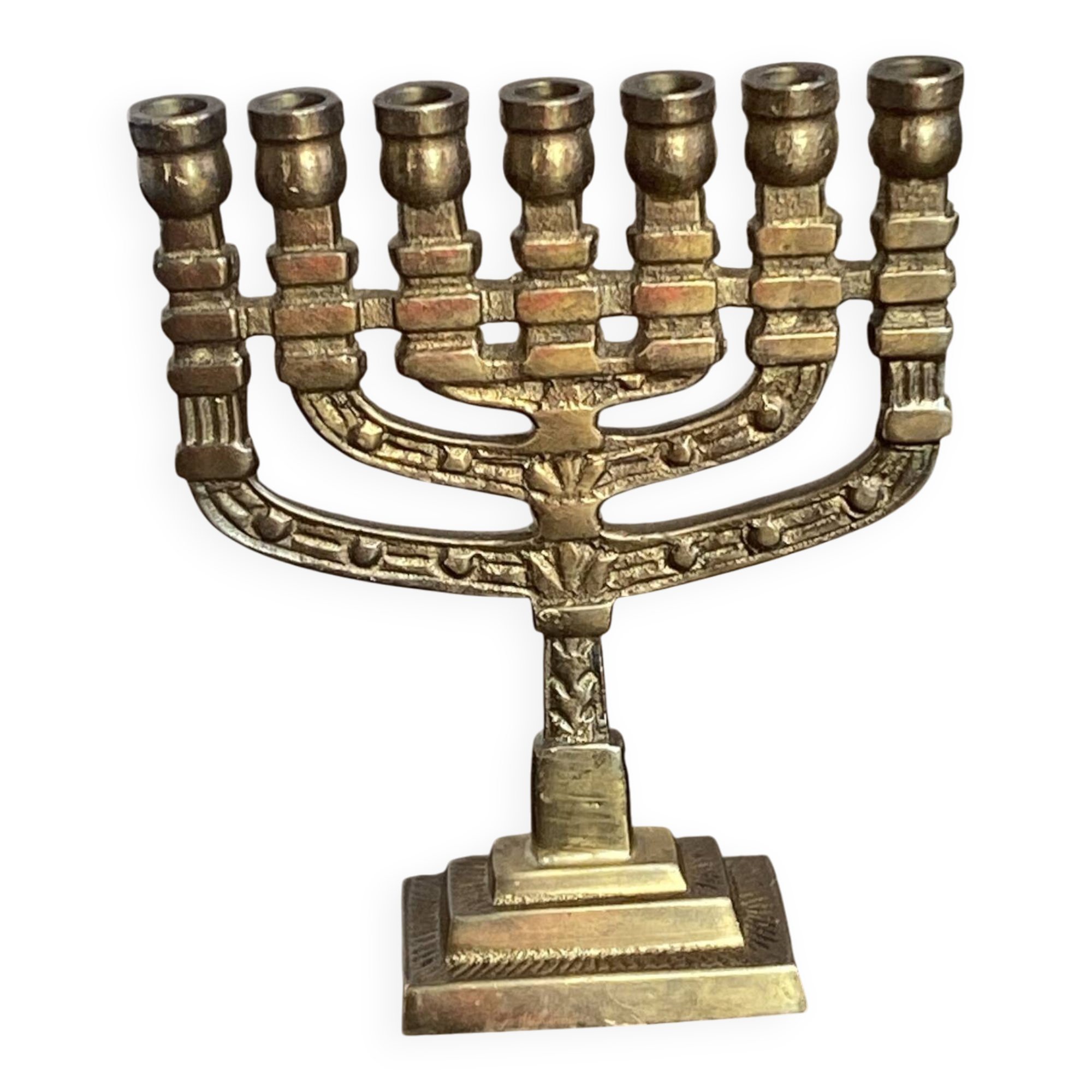 Chandelier, seven-branched menorah, in brass.